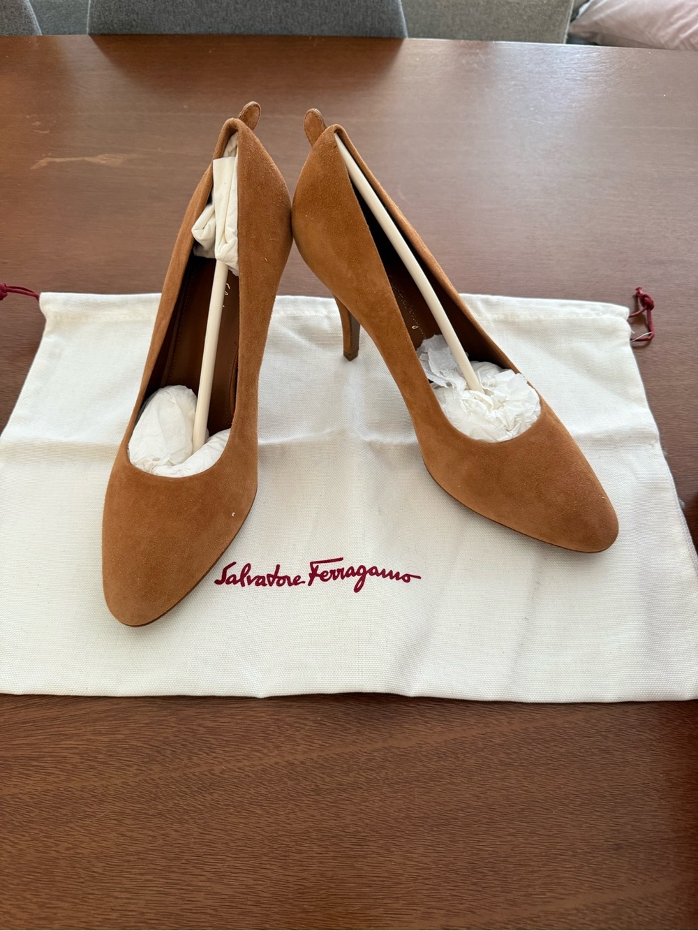 Salvatore Ferragamo Tan Suede Mid Heel Pumps